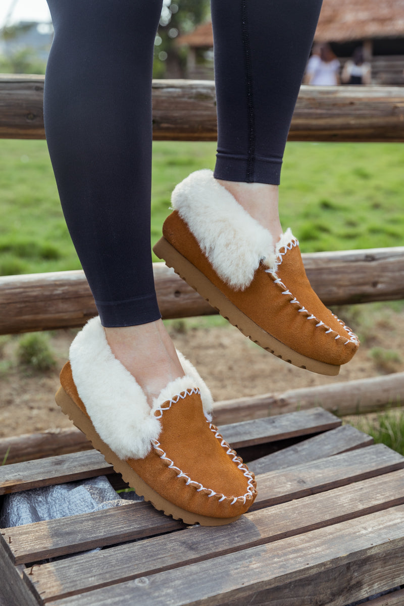 SMAIBULUN Ugg | WOOL LINED SUEDE TASMAN SLIPPER MOCCASIN - CHESTNUT