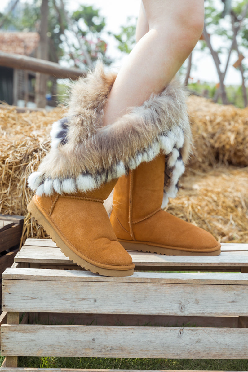 SMAIBULUN Ugg | Faux Fur Wool Lined Grazing Calf Boots - Chestnut