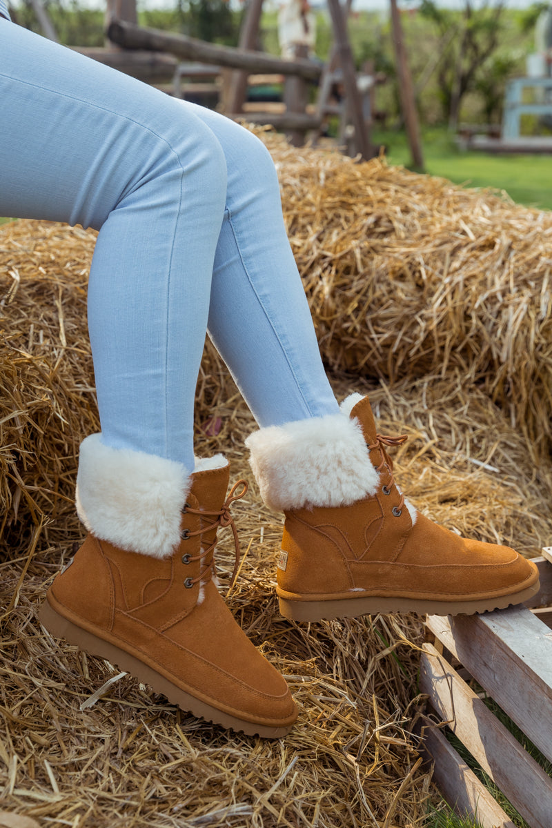 SMAIBULUN Ugg | WOOL LINED SUEDE TIE UP UGG BOOTS - CHESTNUT