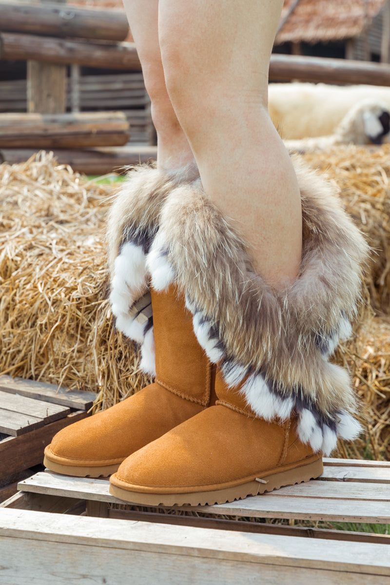 SMAIBULUN Ugg | Faux Fur Wool Lined Grazing Calf Boots - Chestnut