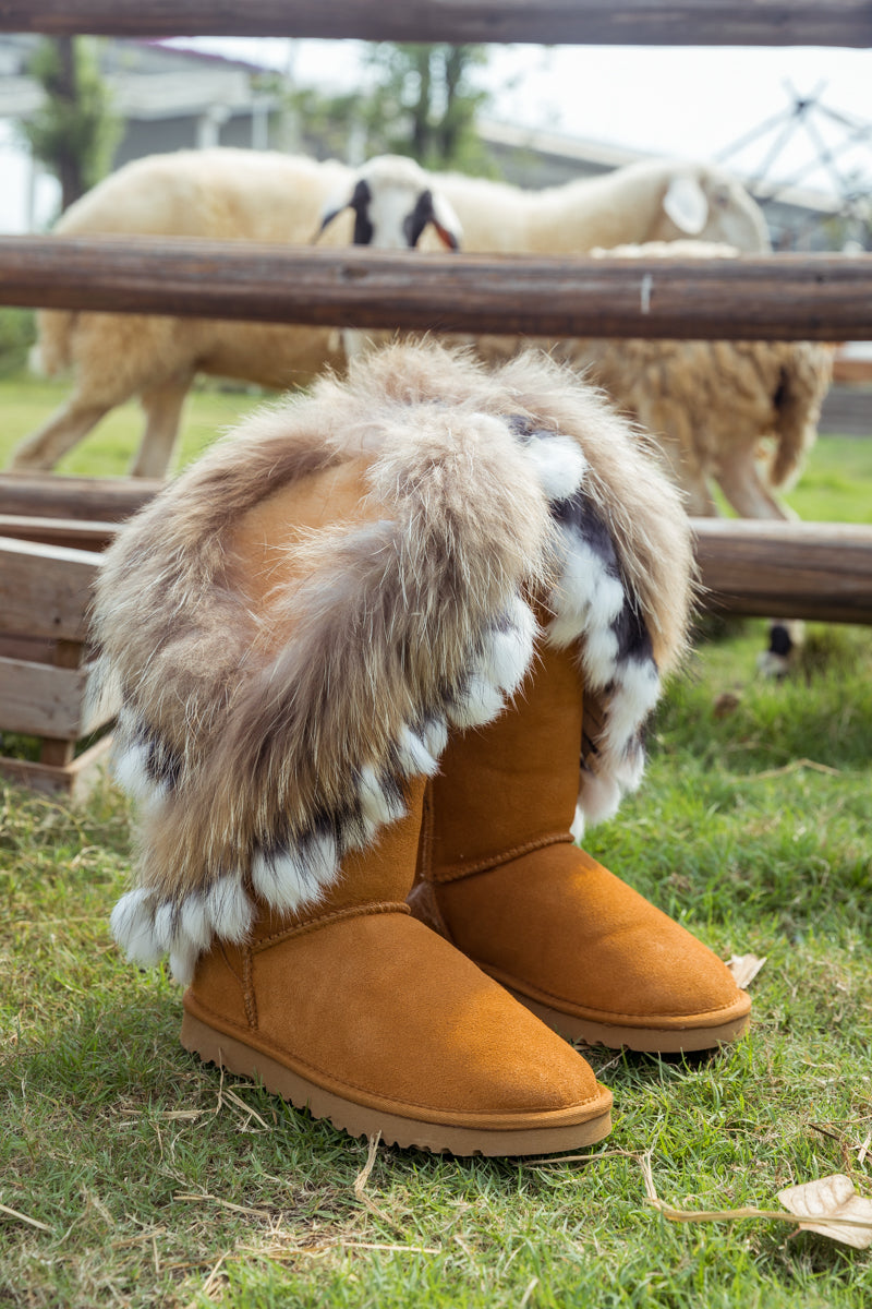 SMAIBULUN Ugg | Faux Fur Wool Lined Grazing Calf Boots - Chestnut