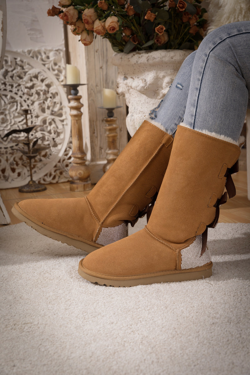 SMAIBULUN Ugg | Rhinestone Ribbon Tri-Tie Bow Suede Boots - Chestnut