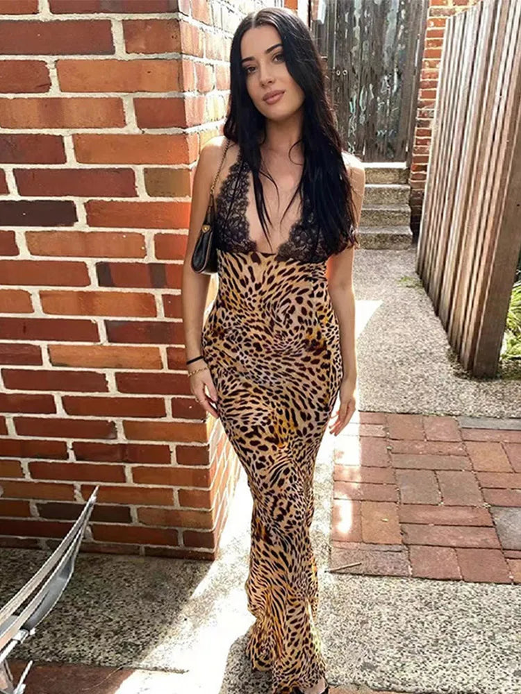 Chic Lace Leopard Patchwork Halter Long Dress Women 2024 Sexy V-neck Sleeveless Backless Dress Lady Elegant Party Bodycon Dress