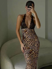 Chic Lace Leopard Patchwork Halter Long Dress Women 2024 Sexy V-neck Sleeveless Backless Dress Lady Elegant Party Bodycon Dress