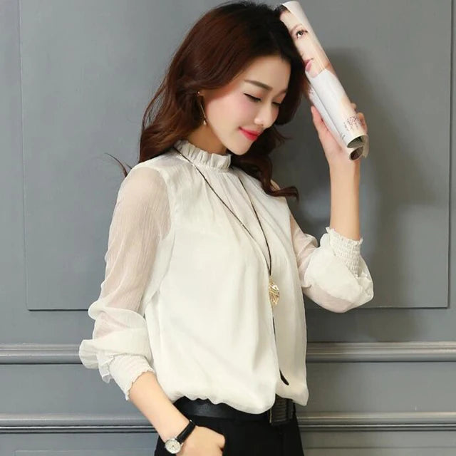 Chiffon Blouse 2019 New Women Tops Long Sleeve Stand Neck Work Wear Shirts Elegant Lady Blouses Casual Solid Color Blusas