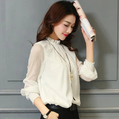 Chiffon Blouse 2019 New Women Tops Long Sleeve Stand Neck Work Wear Shirts Elegant Lady Blouses Casual Solid Color Blusas