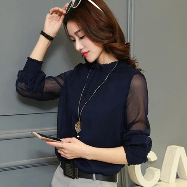 Chiffon Blouse 2019 New Women Tops Long Sleeve Stand Neck Work Wear Shirts Elegant Lady Blouses Casual Solid Color Blusas