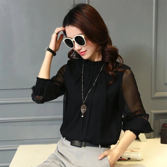 Chiffon Blouse 2019 New Women Tops Long Sleeve Stand Neck Work Wear Shirts Elegant Lady Blouses Casual Solid Color Blusas