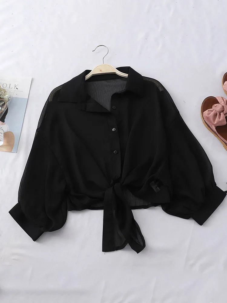 Chiffon Shirts Women 2024 Summer Half Sleeve Buttoned Up Shirt Loose Casual Blouse Tied Waist Elegant Blouses For Women