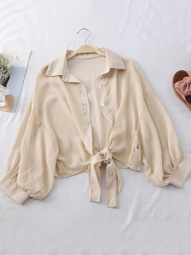 Chiffon Shirts Women 2024 Summer Half Sleeve Buttoned Up Shirt Loose Casual Blouse Tied Waist Elegant Blouses For Women