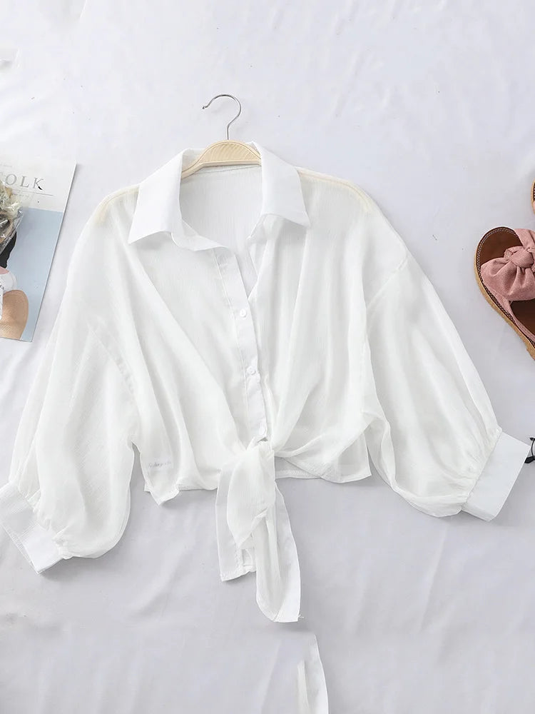 Chiffon Shirts Women 2024 Summer Half Sleeve Buttoned Up Shirt Loose Casual Blouse Tied Waist Elegant Blouses For Women