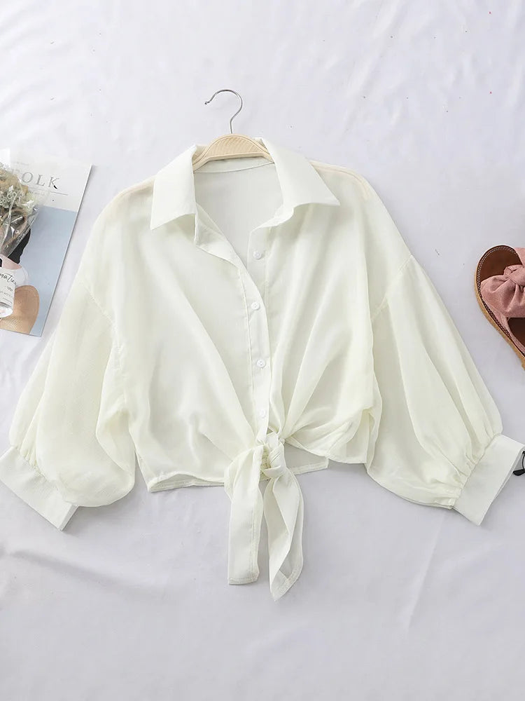 Chiffon Shirts Women 2024 Summer Half Sleeve Buttoned Up Shirt Loose Casual Blouse Tied Waist Elegant Blouses For Women