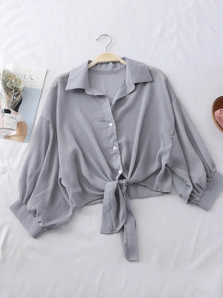 Chiffon Shirts Women 2024 Summer Half Sleeve Buttoned Up Shirt Loose Casual Blouse Tied Waist Elegant Blouses For Women