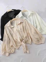 Chiffon Shirts Women 2024 Summer Half Sleeve Buttoned Up Shirt Loose Casual Blouse Tied Waist Elegant Blouses For Women