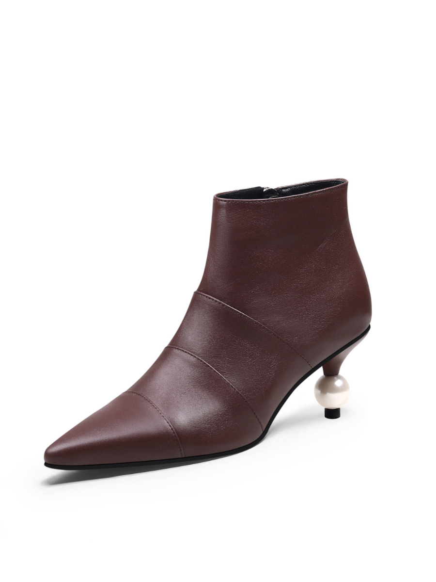 JADY ROSE | PEARL KITTEN HEEL LEATHER BOOTIE - CHOCOLATE