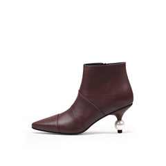 JADY ROSE | PEARL KITTEN HEEL LEATHER BOOTIE - CHOCOLATE