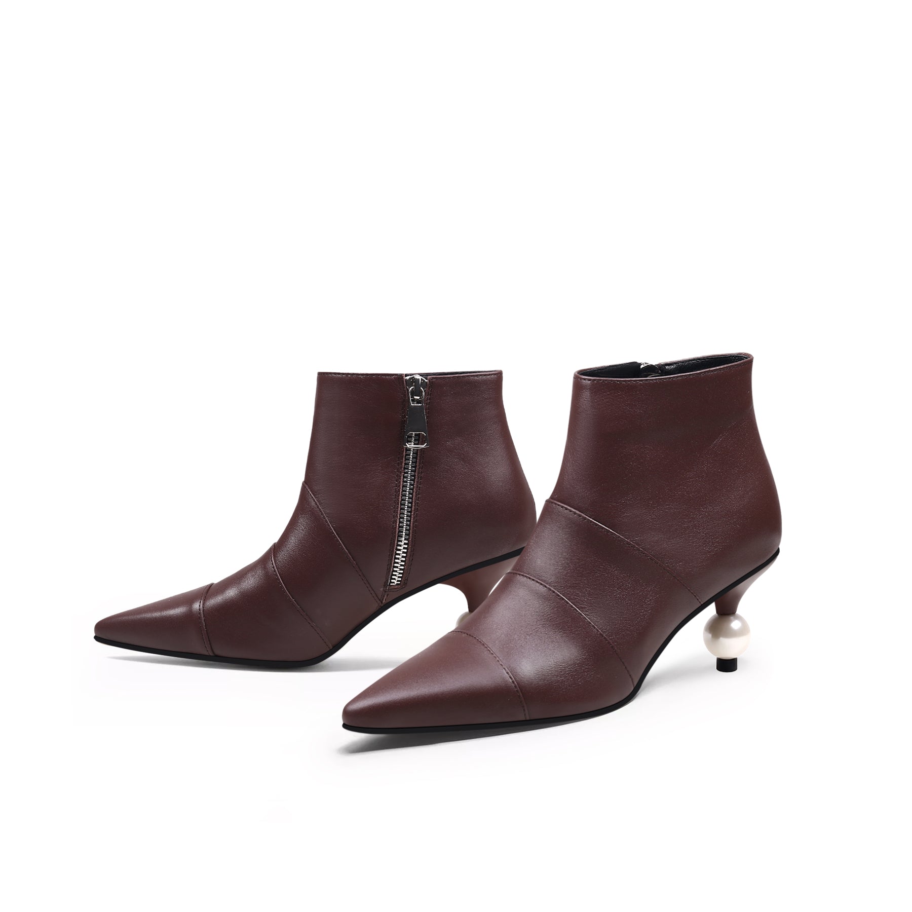 JADY ROSE | PEARL KITTEN HEEL LEATHER BOOTIE - CHOCOLATE