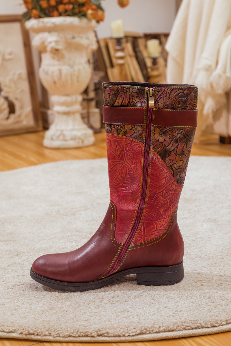 SOFFIA | WINE FLORAL EMBOSSED LEATHER COWGIRL BOOT