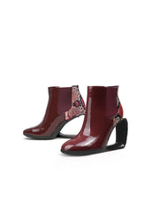 JadyRose | Genuine Leather Elevator Wedge-Heel Claret Leopard Ankle Boots