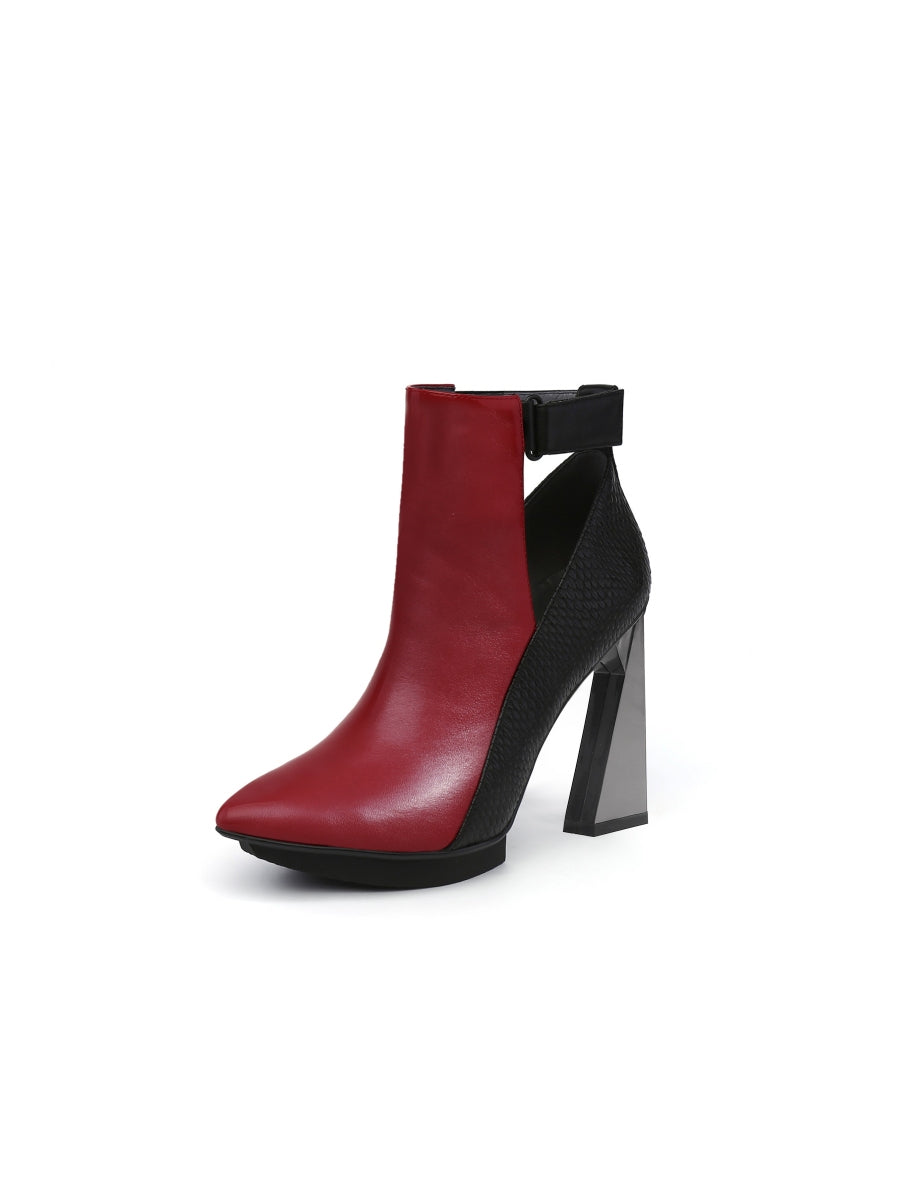 JadyRose | Triangled Heel Cut Out High Heel Leather Boots - Burgundy