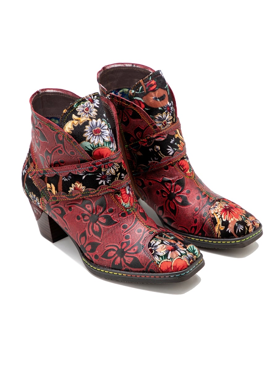 SOFFIA | Genuine Leather Orchid Embossed Red Heel Ankle Boots