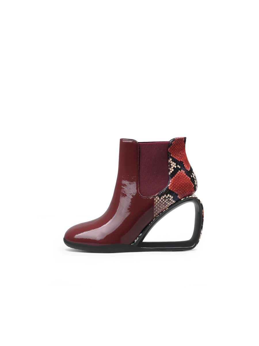 JadyRose | Genuine Leather Elevator Wedge-Heel Claret Leopard Ankle Boots