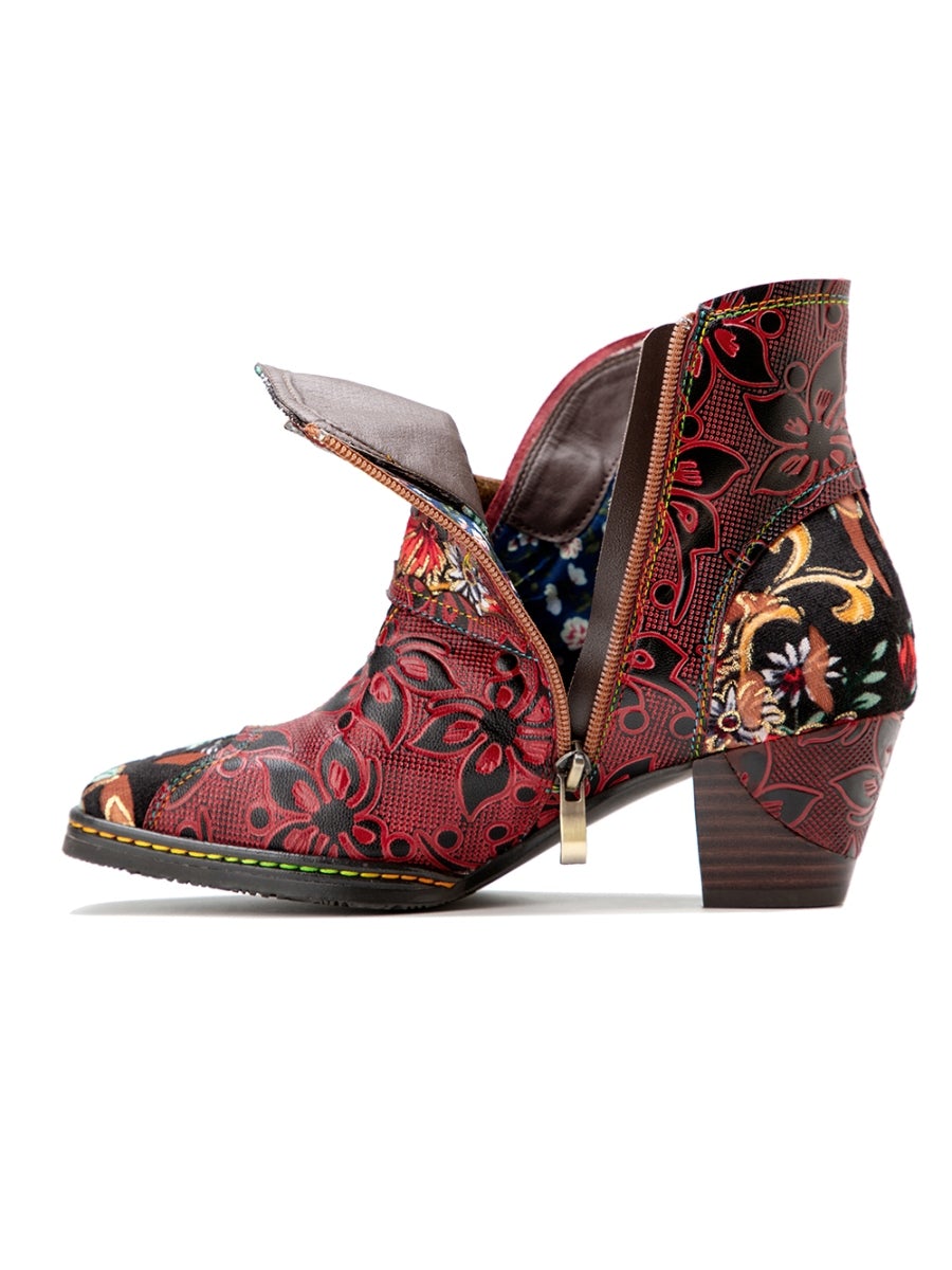 SOFFIA | Genuine Leather Orchid Embossed Red Heel Ankle Boots