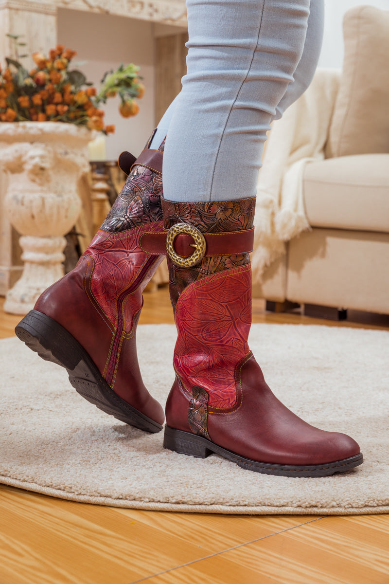 SOFFIA | WINE FLORAL EMBOSSED LEATHER COWGIRL BOOT