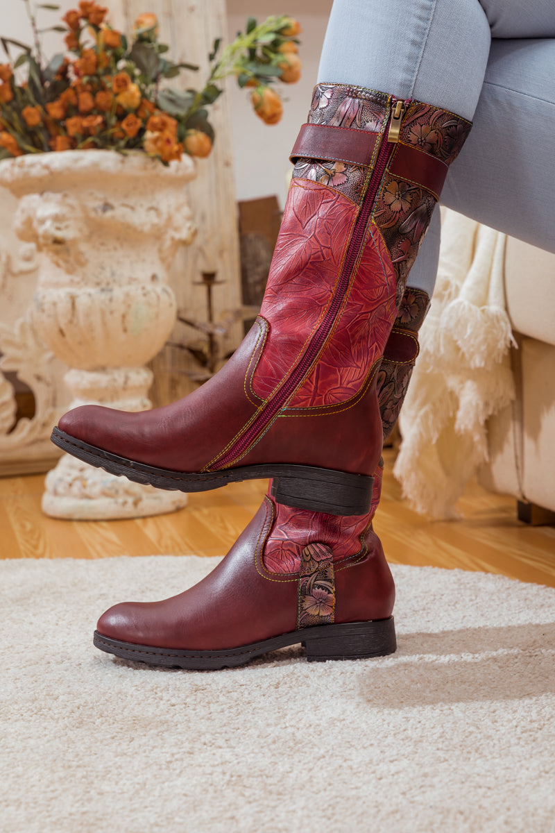 SOFFIA | WINE FLORAL EMBOSSED LEATHER COWGIRL BOOT