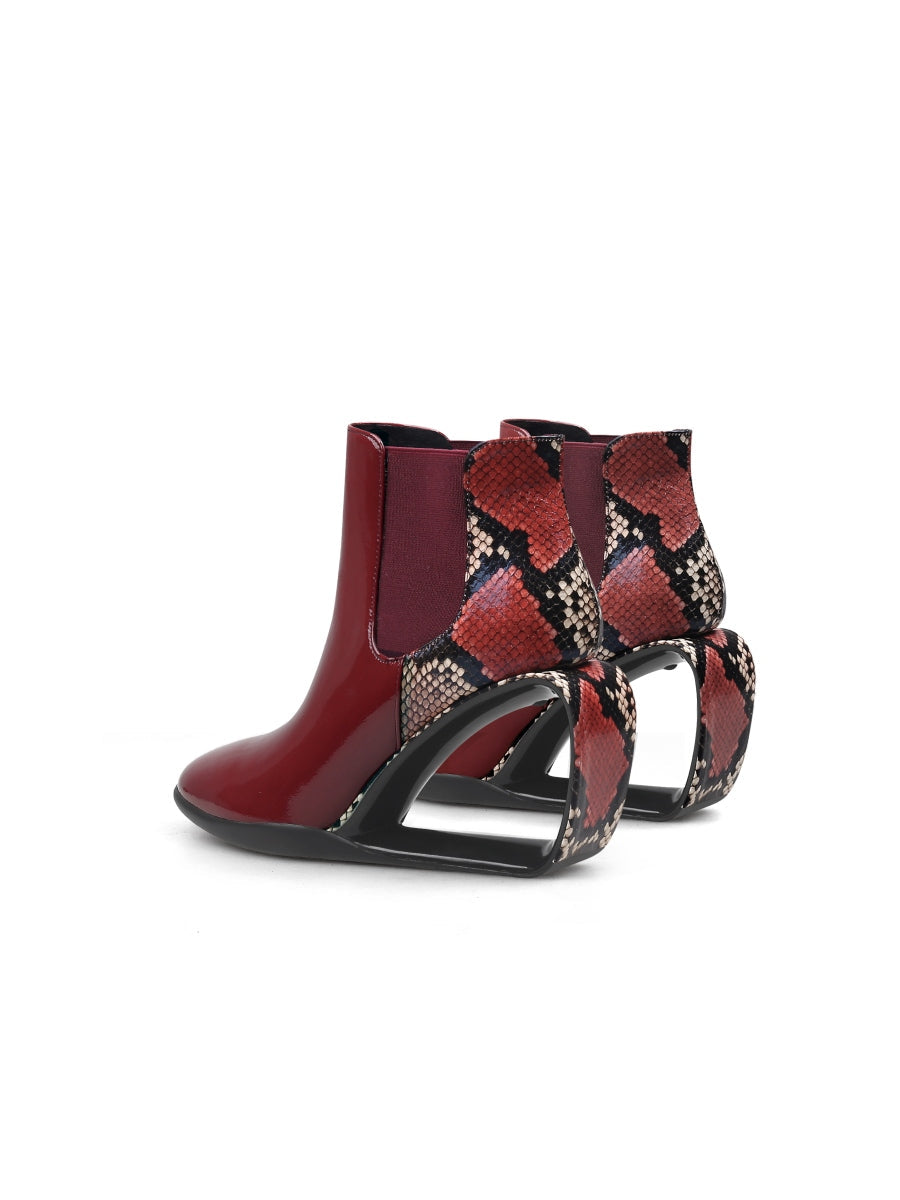 JadyRose | Genuine Leather Elevator Wedge-Heel Claret Leopard Ankle Boots