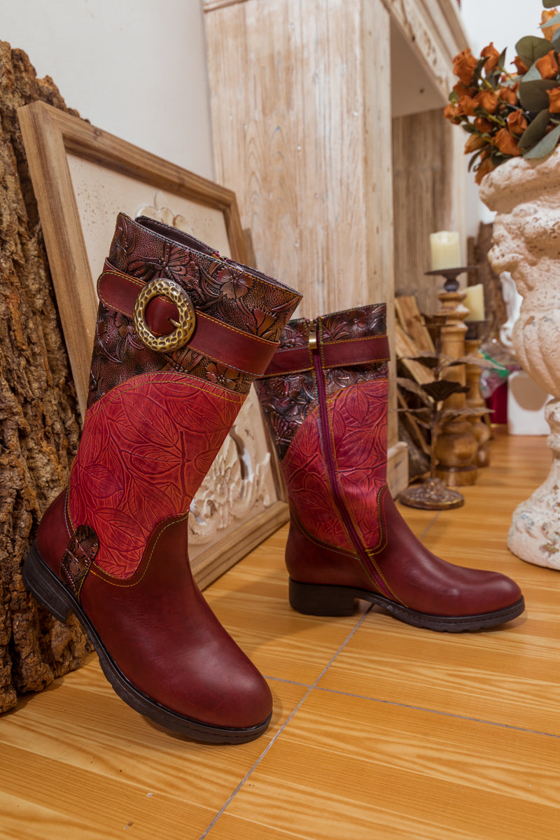 SOFFIA | WINE FLORAL EMBOSSED LEATHER COWGIRL BOOT