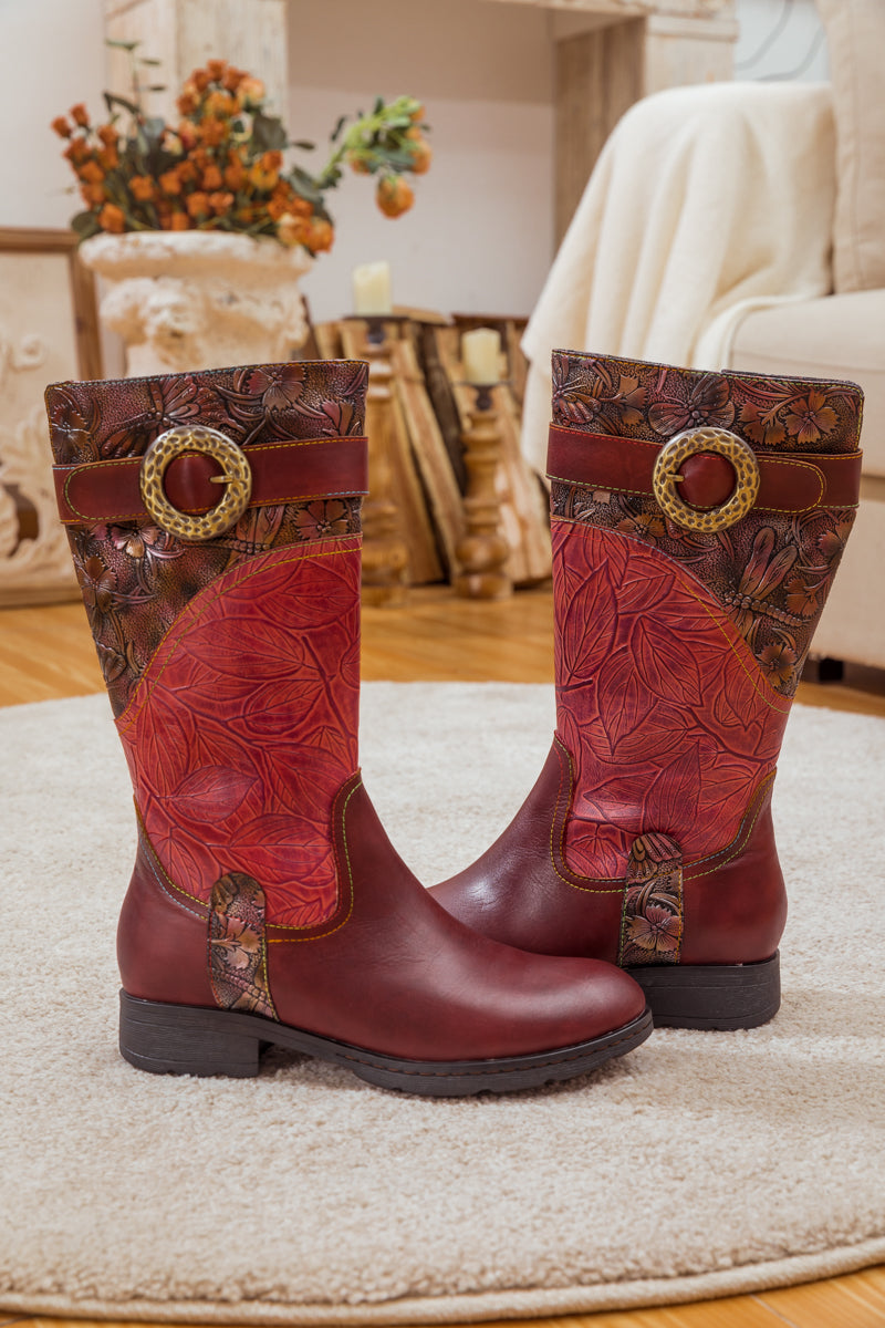 SOFFIA | WINE FLORAL EMBOSSED LEATHER COWGIRL BOOT