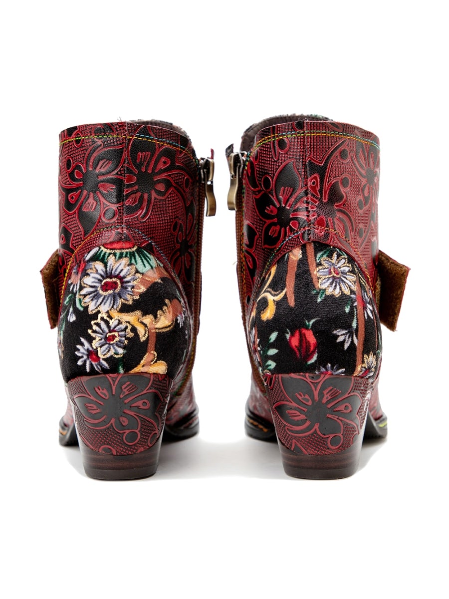 SOFFIA | Genuine Leather Orchid Embossed Red Heel Ankle Boots