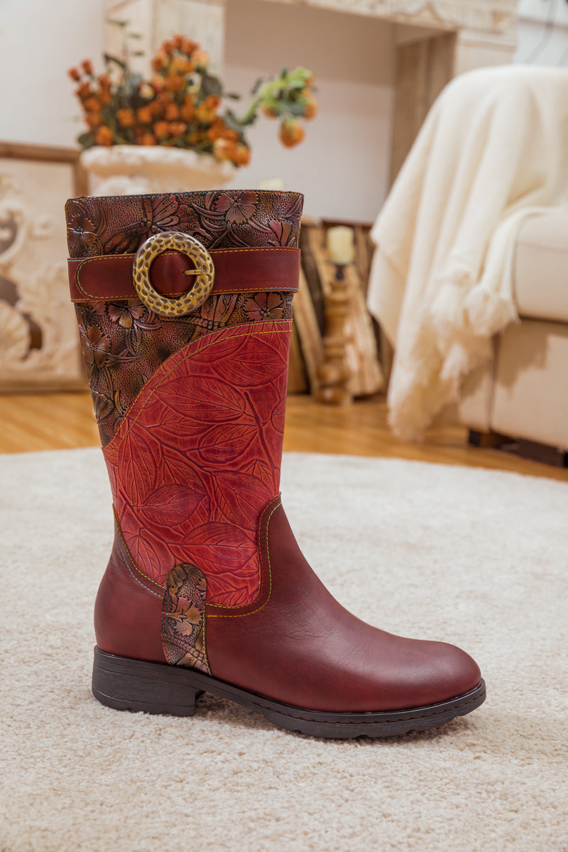 SOFFIA | WINE FLORAL EMBOSSED LEATHER COWGIRL BOOT