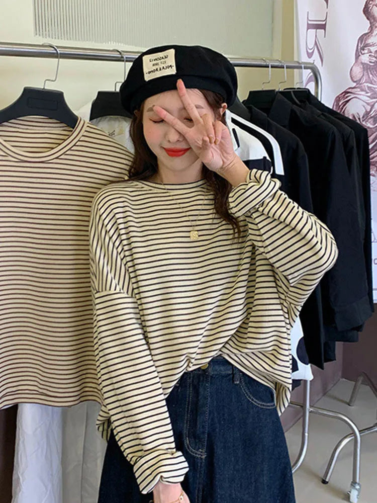 Coffee Stripes Cotton T-Shirts Women Loose-Fitting Autumn 2025 Hot Sale Lady Casual Full Sleeve Chic All Match Tops