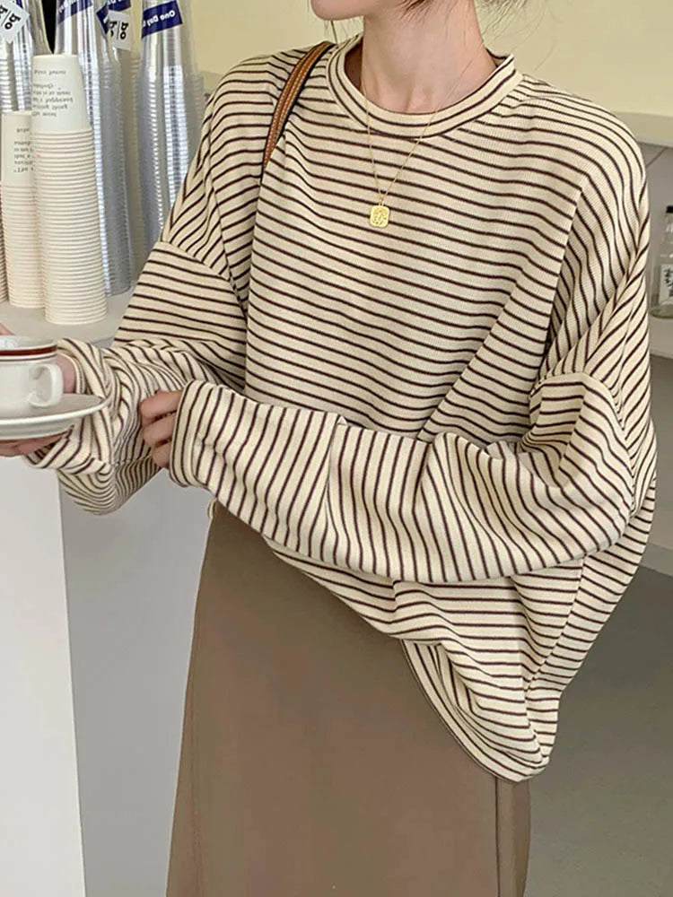 Coffee Stripes Cotton T-Shirts Women Loose-Fitting Autumn 2025 Hot Sale Lady Casual Full Sleeve Chic All Match Tops