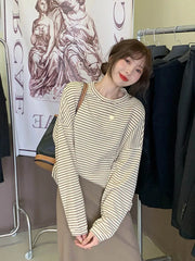 Coffee Stripes Cotton T-Shirts Women Loose-Fitting Autumn 2025 Hot Sale Lady Casual Full Sleeve Chic All Match Tops