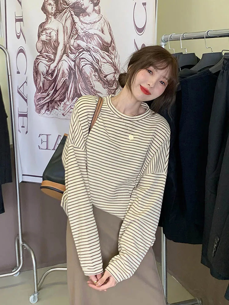 Coffee Stripes Cotton T-Shirts Women Loose-Fitting Autumn 2024 Hot Sale Lady Casual Full Sleeve Chic All Match Tops