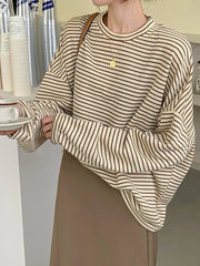 Coffee Stripes Cotton T-Shirts Women Loose-Fitting Autumn 2024 Hot Sale Lady Casual Full Sleeve Chic All Match Tops