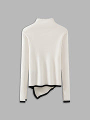 Contrast-Trim Asymmetrical Mock Neck Sweater