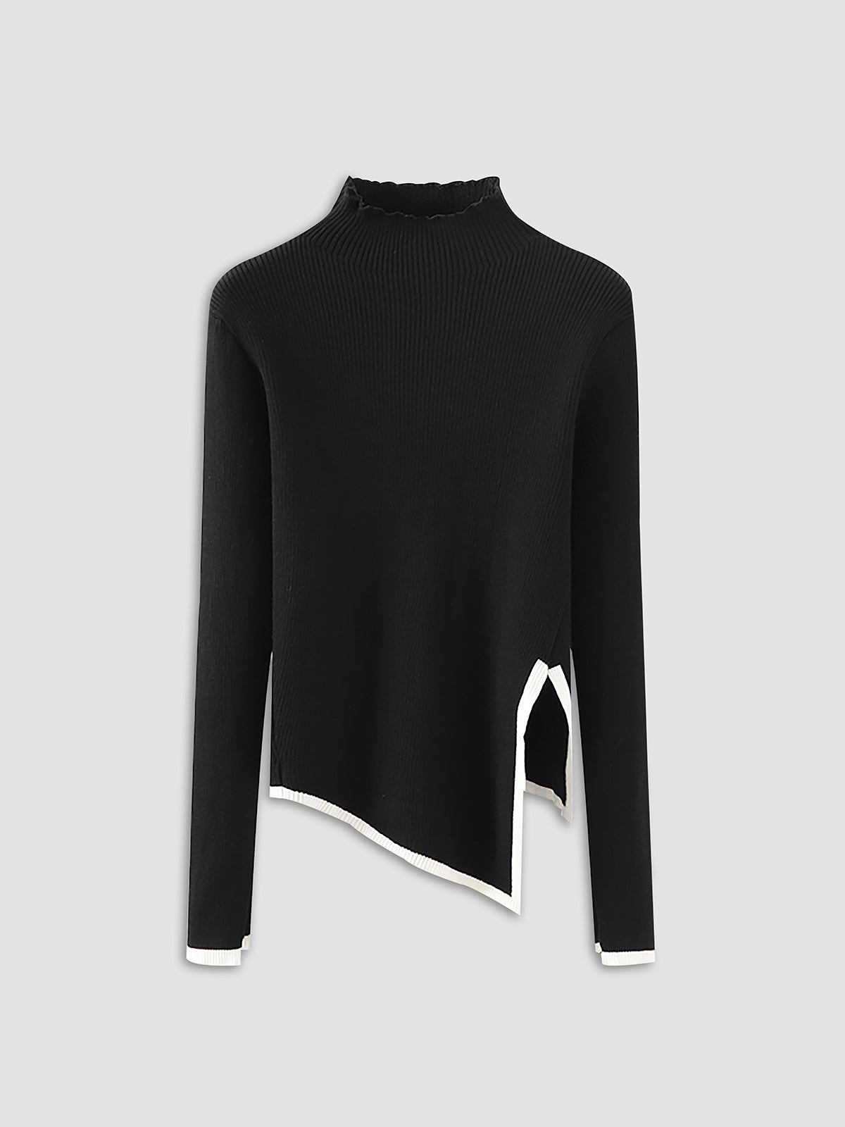 Contrast-Trim Asymmetrical Mock Neck Sweater