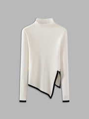 Contrast-Trim Asymmetrical Mock Neck Sweater