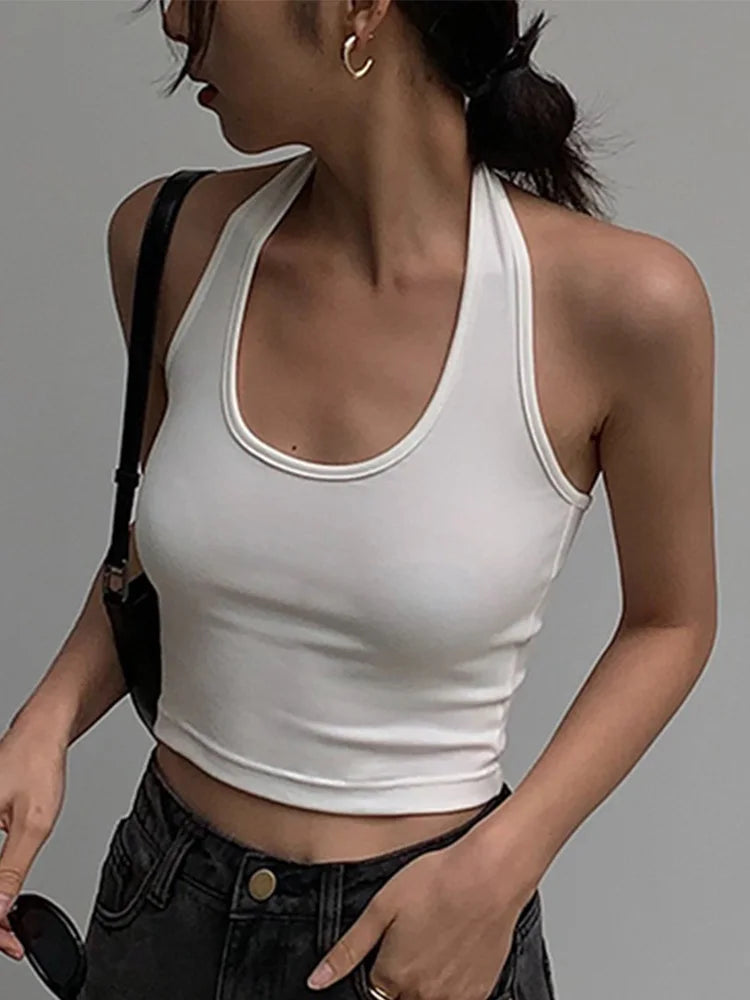 Cotton Sexy Backless Black White Tank Tops Halter Streetwear Vest Female Crop Top Summer 2024 New Fashion Ladies Tube Camis