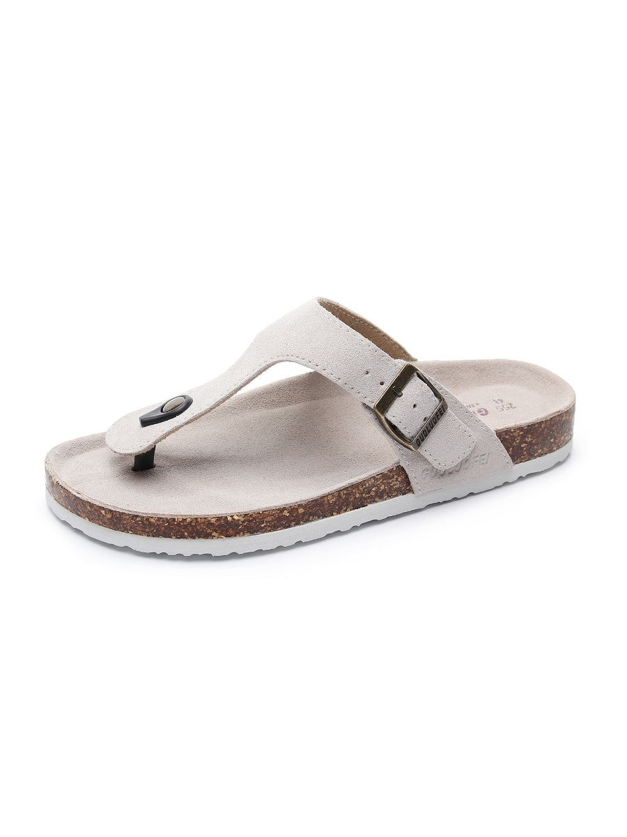 Maibulun | Cream Suede T-Strap Leather Sandal