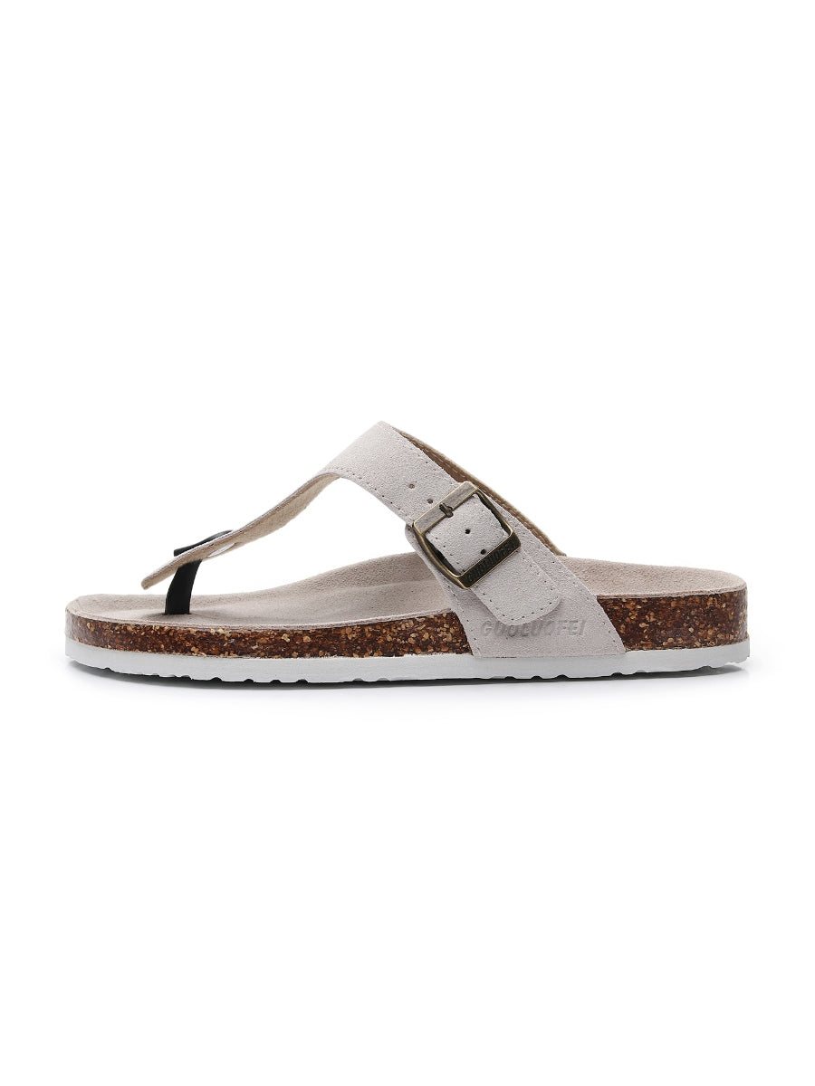 Maibulun | Cream Suede T-Strap Leather Sandal