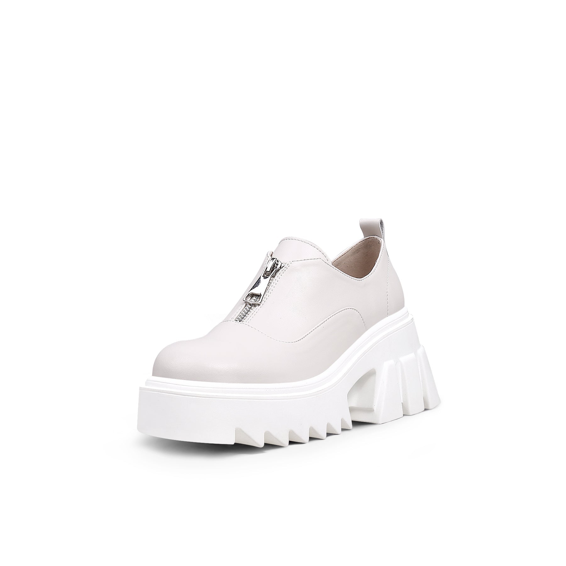 JadyRose | Chunky Heel Pure Zipper Genuine Leather Sneaker - Cream