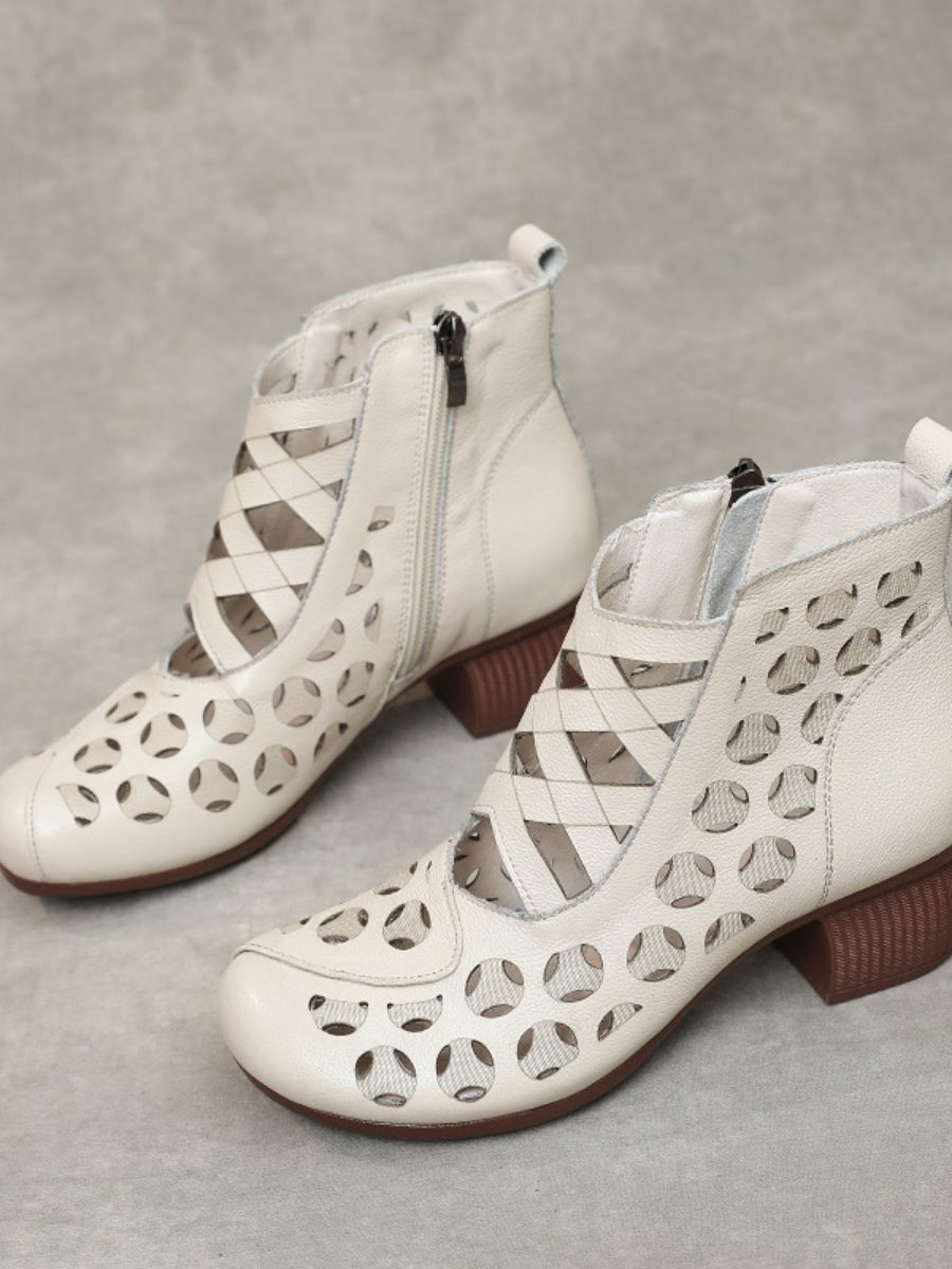 Rumour Has It | Criss-Cross Upper Cut-Out Cream Leather Boots