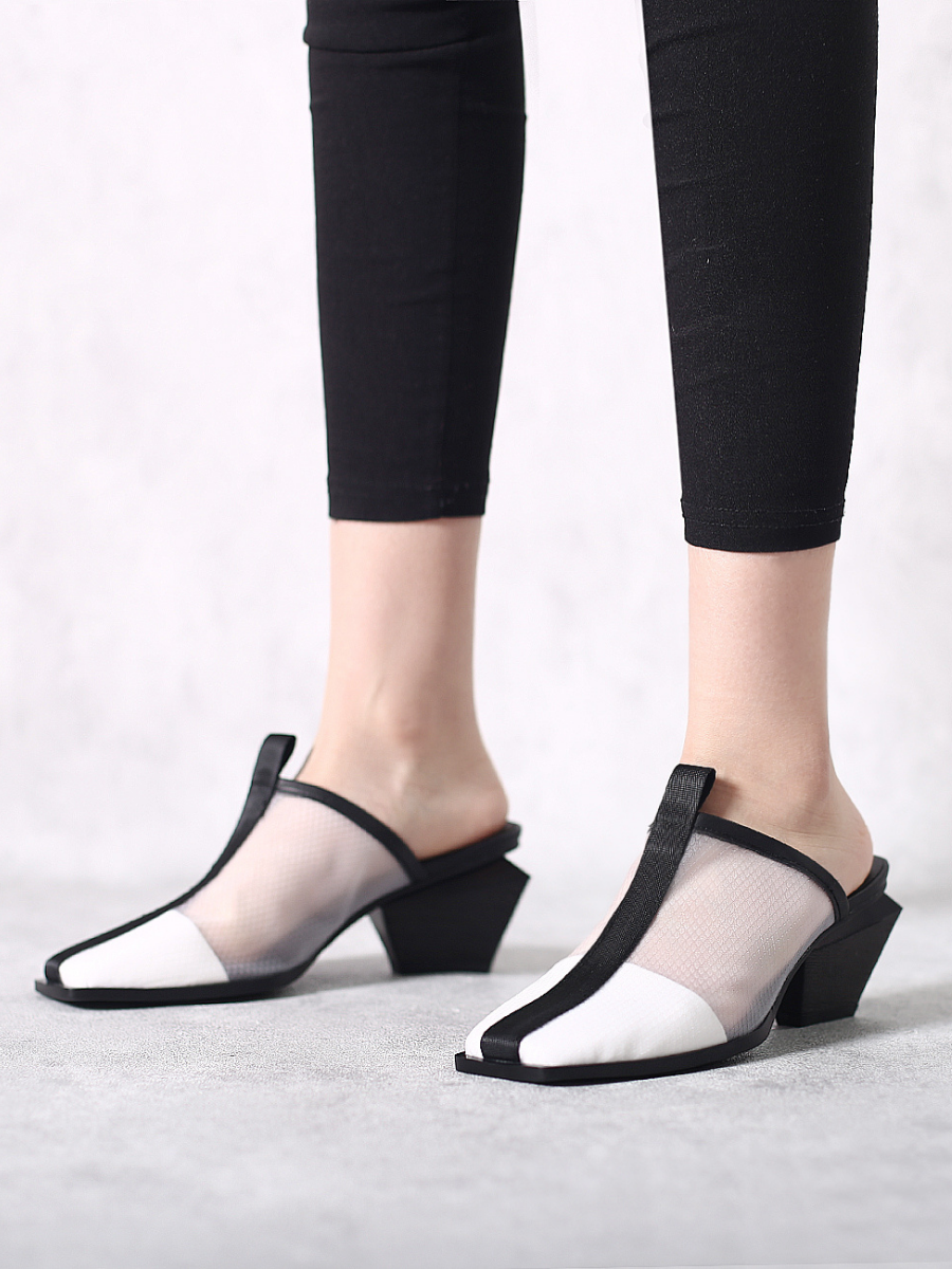 JadyRose | Geometry Block Point Toe Mid Heel Mules - Cream