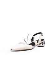 JadyRose | Genuine Leather Double Strap-Detail Point Toe Low Heel D'Orsay Pumps Sandals- Cream