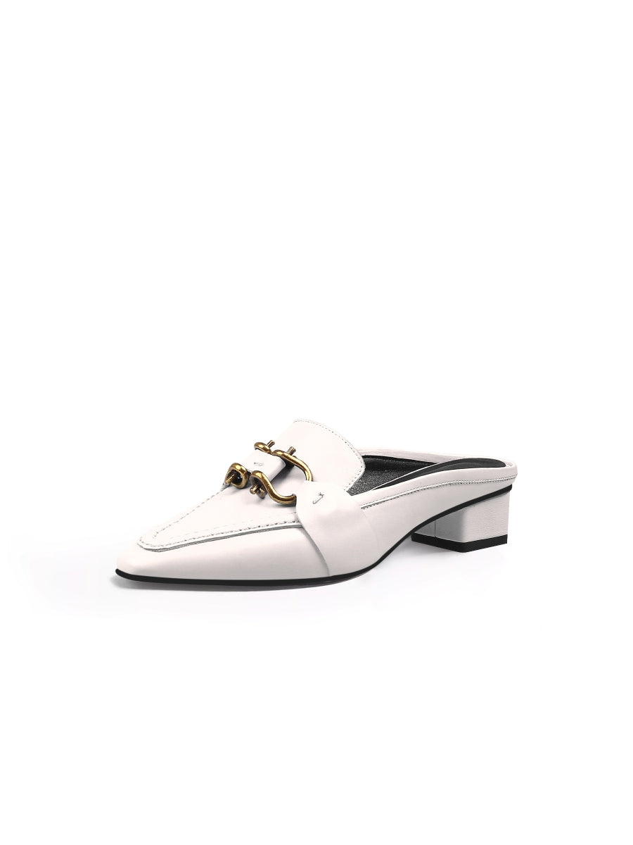 JadyRose | Genuine Leather Golden Lock Chain Mules Sandals - Cream